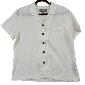 Caribbean Joe Blouse Top Womens Size L White Linen Button Up Short Sleeve